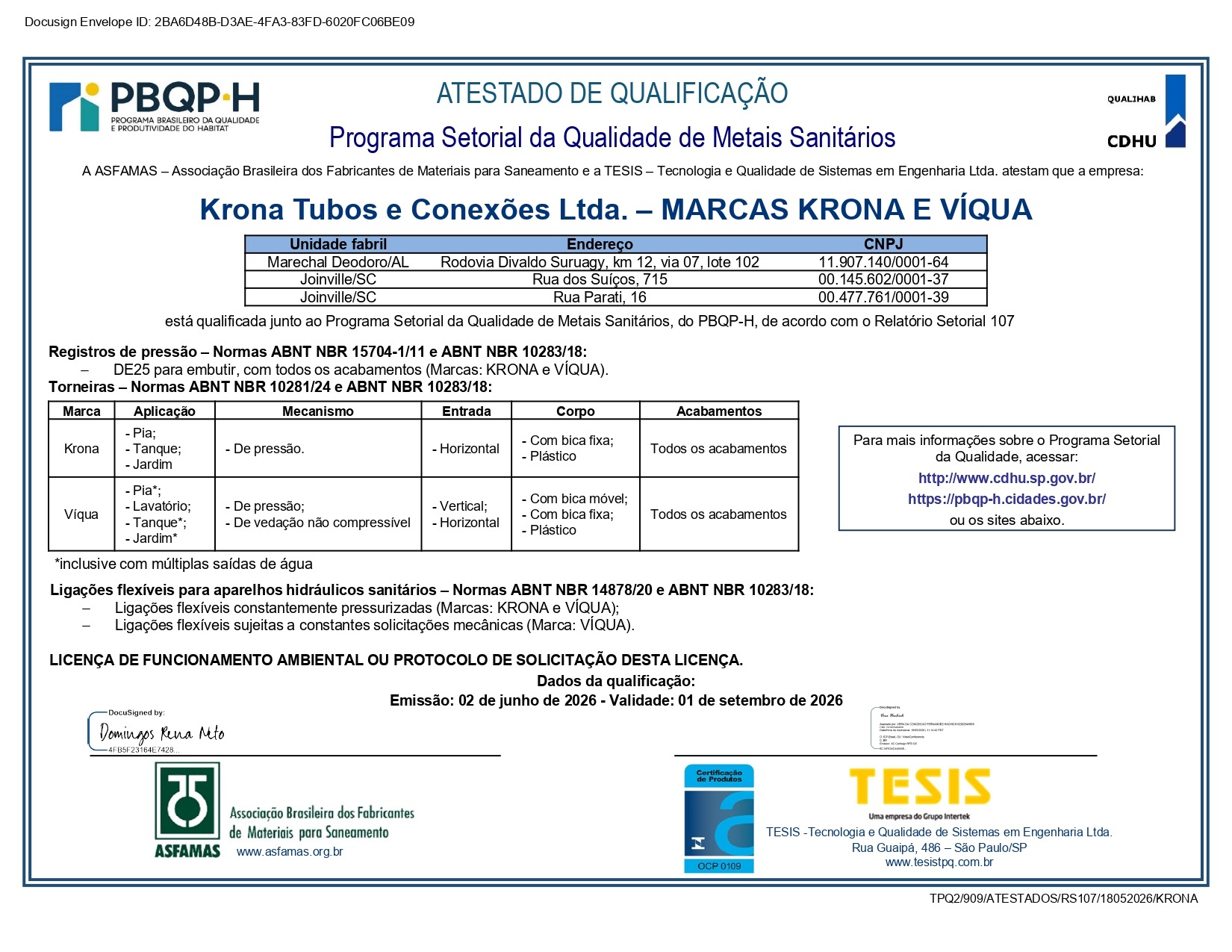 Atestado de Qualificação - Programa Setorial da Qualidade de Metais Sanitários - 02/06/2026 a 01/09/2026